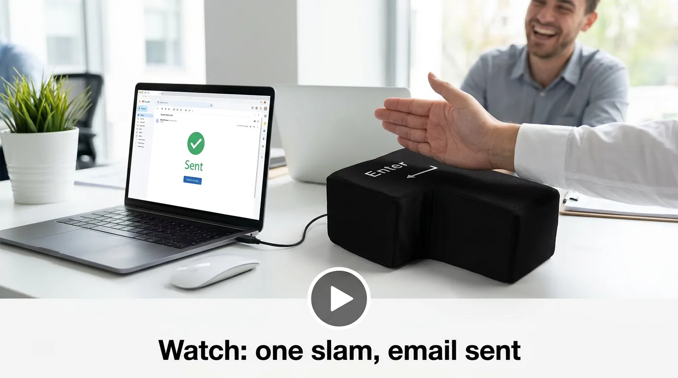 15-20s: frustrated face, fist down on the key, thud, email sent on screen, relief. Captions burned in.