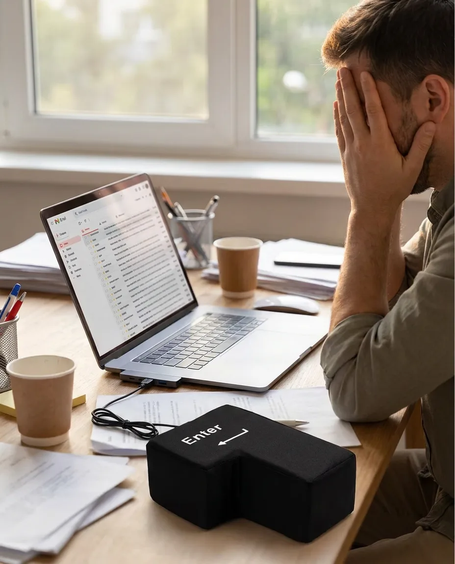 Stressed person at a laptop, hands on head, too many emails on screen